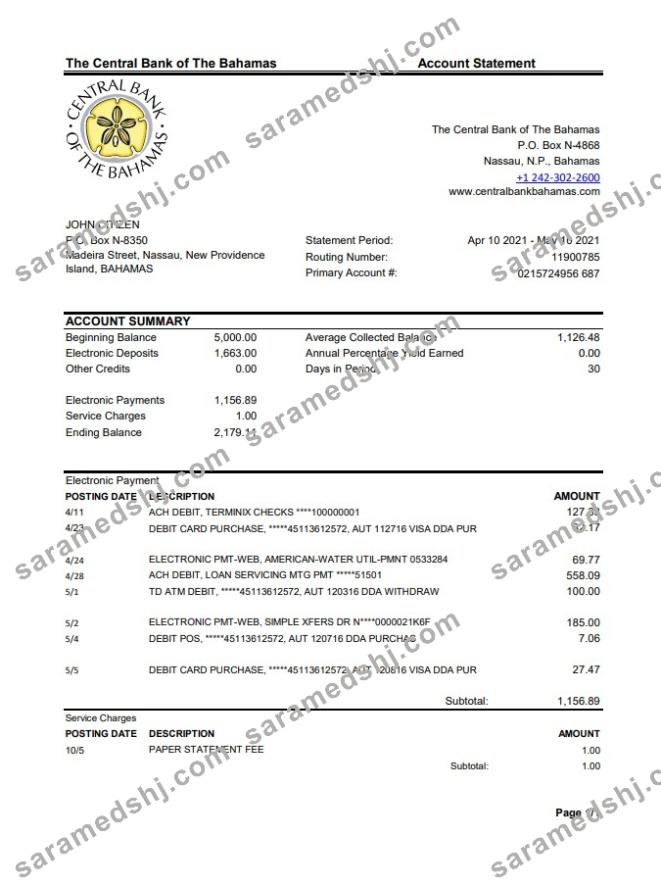 Bahamas The Central bank of the Bahamas bank statement easy to fill template in .xls and .pdf file format